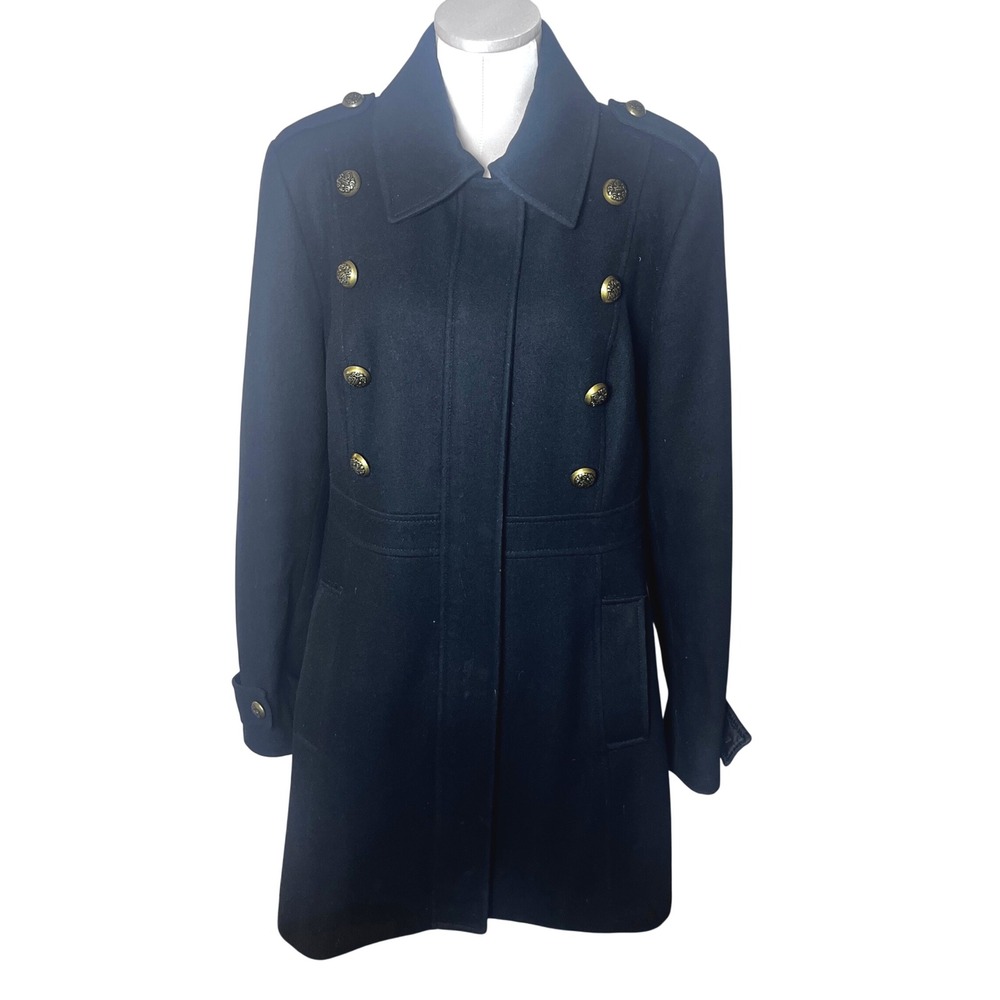 Esprit Black Wool Blend Military Coat Gold Crest Button Double Breasted XL Old $